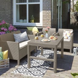 Masa de gradina, polipropilena, Keter, extensibila, pentru a servi masa, culoare cappuccino, Lyon, dimensiuni 40-66 x 116 x 71.5 cm