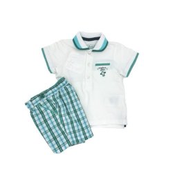 Set bebe, tricou polo alb/pantaloni scurti carouri, Mayoral