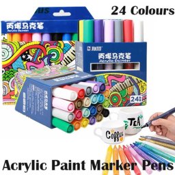 Set 24 markere multicolore, cu vopsea acrilica, varf 2-3mm, pentru hartie, piatra, sticla, ceramica, lemn, textile, panza