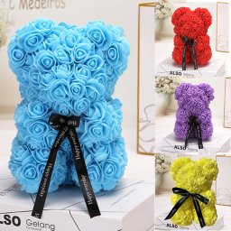 Ursulet floral din Trandafiri de spuma 25 cm, cu funda, in cutie cadou (Culoare bijuterii: Mov)