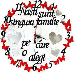 Ceas personalizat, cu fluturasi rosii si inimioare, personalizat, cadou nasi, culoare alb - OMIS045