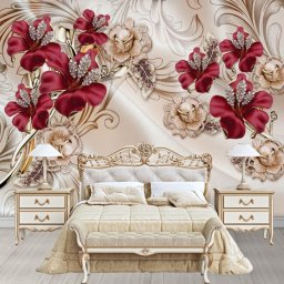 Fototapet 3D Flori Rosii si Flori Aurii cu Perle BES400 (Alege materialul: : Autocolant Perete Laminat Mat, MP: 1 mp)