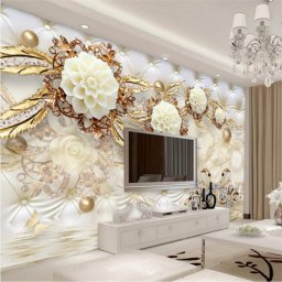 Fototapet 3D Flori cu Sfere si Frunze Aurii PFT37 (Alege materialul: : Tapet Hartie Semilucios + Adeziv)
