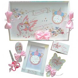 Set mot Unicorn, 7 piese, personalizat, din lemn, cu fundite roz, ornamente multicolore DSPH014
