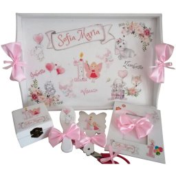 Set mot Zana Ursitoare, 7 piese, personalizat, din lemn, cu fundite roz, ornamente multicolore DSPH011