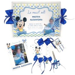 Set mot Minionii, 7 piese, personalizat, din lemn, cu fundite blue, ornamente multicolore DSPH202002