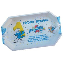 Set mot Strumfi, 7 piese, personalizat, din lemn, cu fundite albastre si ornamente multicolore DSPH102002
