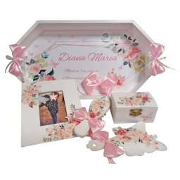 Set mot cu flori, 7 piese, personalizat, din lemn, cu fundite roz si ornamente multicolore DSPH102001