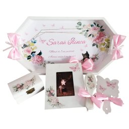 Set mot cu flori si fluturasi, 7 piese, personalizat, din lemn, cu fundite roz si ornamente multicolore DSPH191
