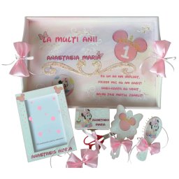 Set mot Cap Minnie Mouse, 7 piese, personalizat, din lemn, cu fundite roz, ornamente roz DSPH013