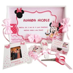 Set mot Baby Minnie Mouse, 7 piese, personalizat, din lemn, cu fundite roz, ornamente roz cu rosu DSPH102005