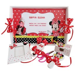Set mot Baby Minnie Mouse, 7 piese, personalizat, din lemn, cu fundite rosii cu buline, ornamente rosu cu negru DSPH102004