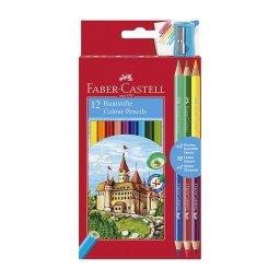 Creioane colorate 12 culori Faber Castell + ascutitoare si 3 creioane bicolore 110312