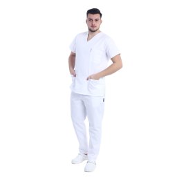 Costum medical alb cu elastan, barbati, bluza cu anchior in forma V si pantaloni cu snur