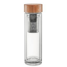 Bidon sport cu perete dublu 420 ml, sticla, bambus, Everestus, RA9, transparent, saculet de calatorie inclus