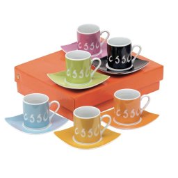 Set espresso, 6 cesti cu farfurioara, multicolor, Everestus, SC03LA, portelan