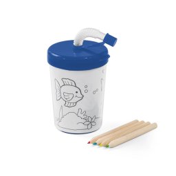 Set de colorat, cana 200 ml cu pai flexibil si 4 creioane, Everestus, 20APR001, polipropilena, albastru