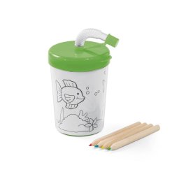 Set de colorat, cana 200 ml cu pai flexibil si 4 creioane, Everestus, 20APR002, polipropilena, verde