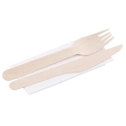 Tacamuri de unica folosinta, ecologice, lemn, cutit, furculita, servetel, 16 cm