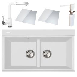 Set complet Chiuveta bucatarie granit 2 cuve CookingAid Kinga LX8620 Polar White si Baterie