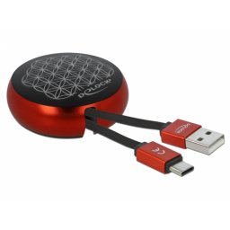 Cablu de date si incarcare USB 2.0 la USB-C retractabil Negru/Rosu, Delock 85819