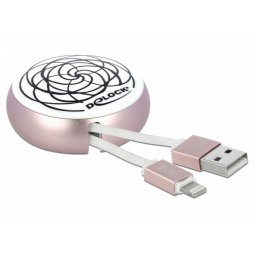 Cablu de date si incarcare USB 2.0 la Lightning retractabil Alb/Roz, Delock 85817