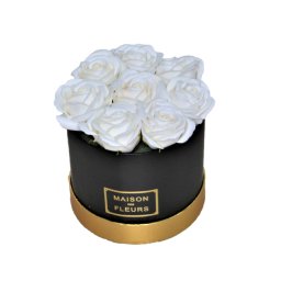 Aranjament floral cutie rotunda neagra cu trandafiri de sapun albi (Culoare produse: Alb)