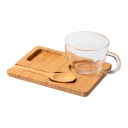 Set cana cu tava si lingura, 180 ml, 164x80x123 mm, Everestus, 20IUN0011, Natur, Sticla, Bambus