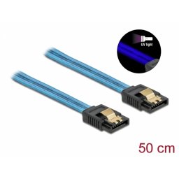 Cablu SATA III 6 Gb/s UV glow effect 50cm Albastru, Delock 82130