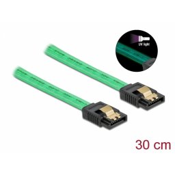 Cablu SATA III 6 Gb/s UV glow effect 30cm Verde, Delock 82064