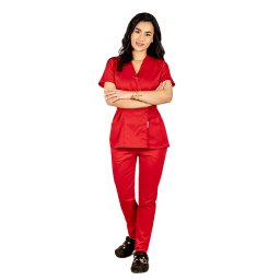 Costum medical rosu, cu bluza tip kimono si pantaloni rosii cu elastic