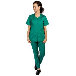 Costum medical verde, bluza cu fermoar cambrata, trei buzunare si pantaloni cu elastic