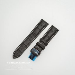 Curea piele vitel captusita negră cu cusătură albă și deployant negru 22 mm