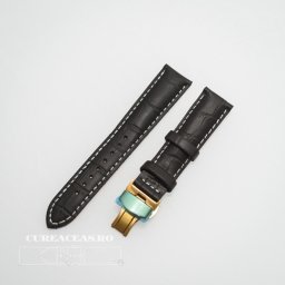 Curea piele vitel captusita negră cu cusătură albă și deployant auriu 22 mm
