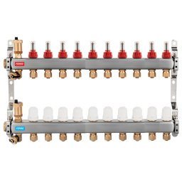 Distribuitor/colector 1" din inox 10 circuite cu debitmetre si robineti termostatati