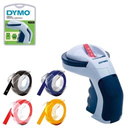 Set aparat de etichetat manual DYMO Omega cu 3 benzi embosabile rosie, galbena si albastra pentru etichete 3D si organizare acasa, la birou si in atelier DY12748TRC