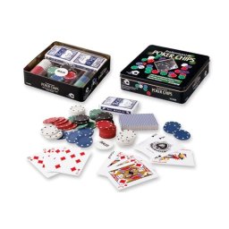 Poker cu 100 chips poker in cutie metalica, buton dealer, jetoane 4 culori de 1, 5 10 si 25, 2 carti joc