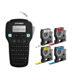 Start Kit Tricolor DYMO LabelManager 160 QWERTY cu 3 benzi de 12 mm negru pe rosu, galben si albastru S0946320TRC