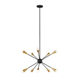 Lustră Jax by Ellen DeGeneres, design art deco, negru + alamă, 10 x 3.5W G9-LED, 3200lm, 3000K, H:48-170cm, FE-JAX10-MB