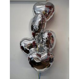 Buchet 5 baloane inimi argintii cu heliu 45cm