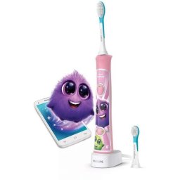 Periuta electrica sonica Philips Sonicare Kids HX6352/42, 62000 miscari/minut, 2 moduri de curatare, conectivitate la aplicatie, 2 capete de periere, aplicatie de consiliere, Roz