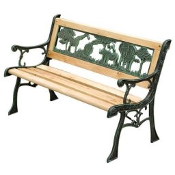 Banca de gradina pentru copii, sezut din lemn, structura metalica, spatar decorativ, 82x39x50 cm, lemn natural si verde, Jumanji