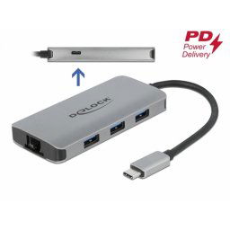 HUB USB 3.2 Gen 1-C la 3 x USB-A + Gigabit LAN + alimentare PD, Delock 63252