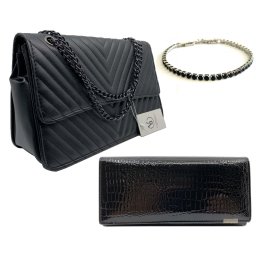 Elegant Glam Set Geanta, Portofel si Bratara Tennis Black Classic