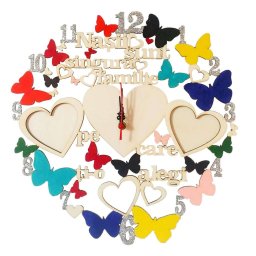 Ceas cadou pentru nasi cu fluturi multicolor si sclipici, inimioare rame foto, 38 cm, OMIS175