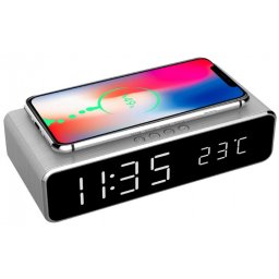Ceas digital LCD cu alarma si incarcare wireless 5W Silver, Gembird DAC-WPC-01-S