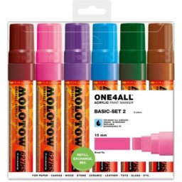 Marker cu vopsea acrilica, varf High-Flow, 15 mm, 627HS Basic 2, 6 culori/set Molotow