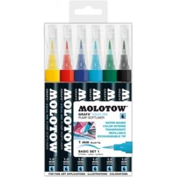 Marker caligrafic, varf tip pensula, 1 mm, Aqua Ink Pump Softliner Basic 6 culori/set Molotow