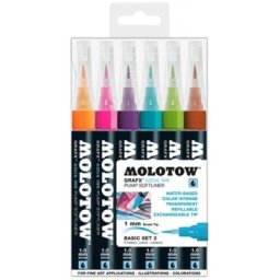 Marker caligrafic, varf tip pensula, 1 mm, Aqua Ink Pump Softliner Basic 2, 6 culori/set Molotow