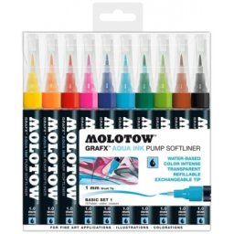 Marker caligrafic, varf tip pensula, 1 mm, Aqua Ink Pump Softliner Basic, 10 culori/set Molotow